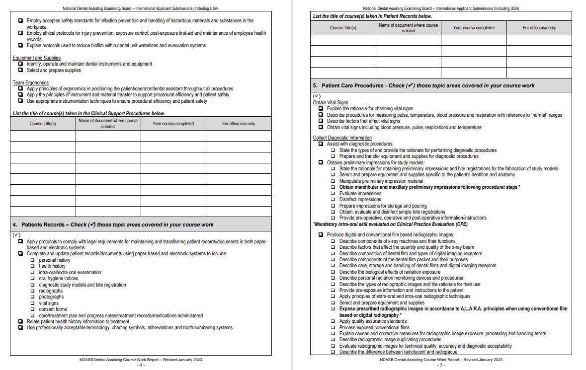 Dental assistant - clinical experience form